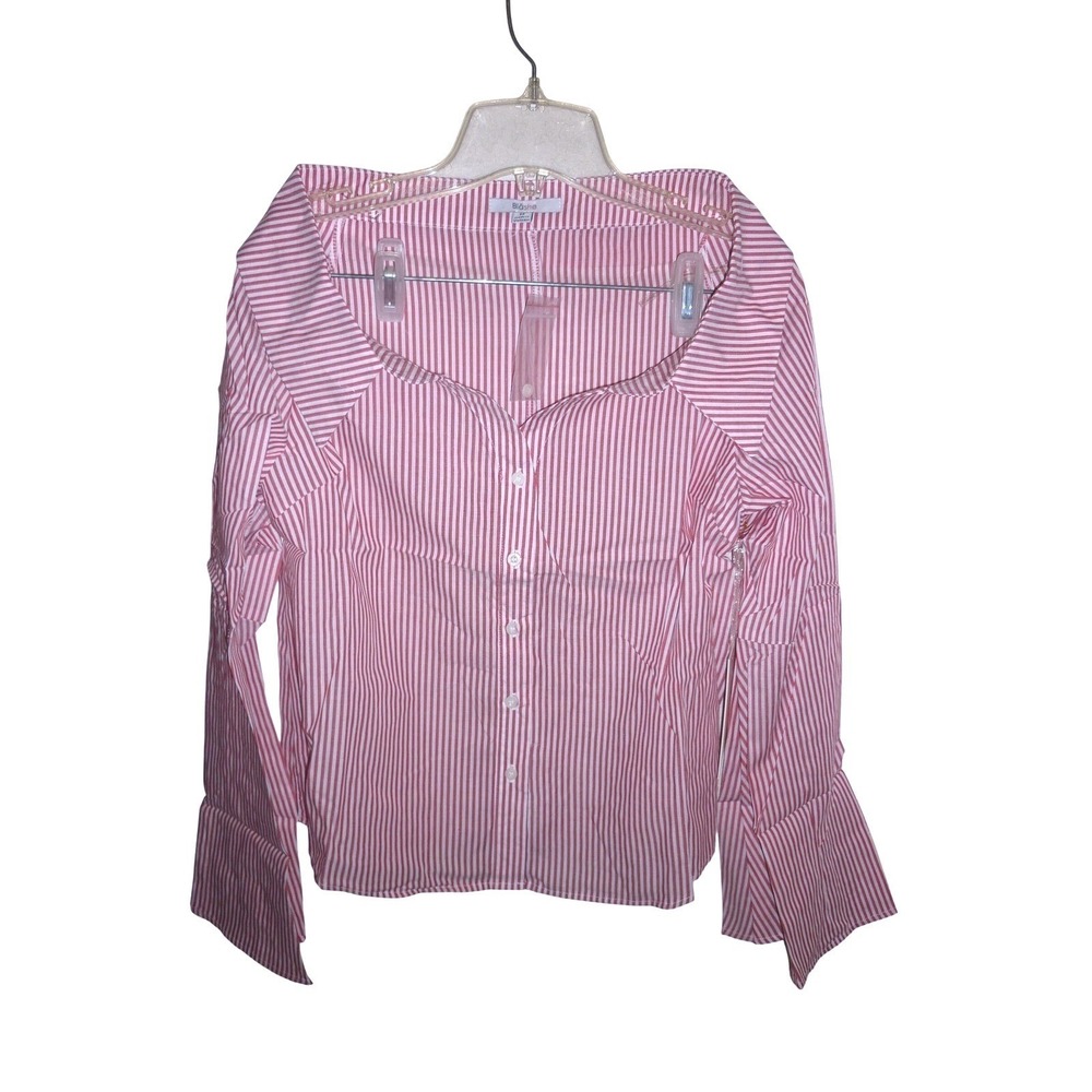 Blashe Striped Off Shoulder Bell Sleeve Square Neck Button Up Blouse S